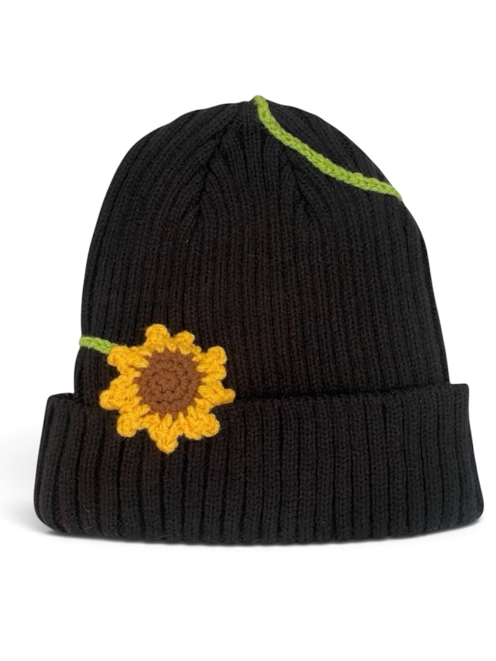 Black Knit Beanie with Sunflower